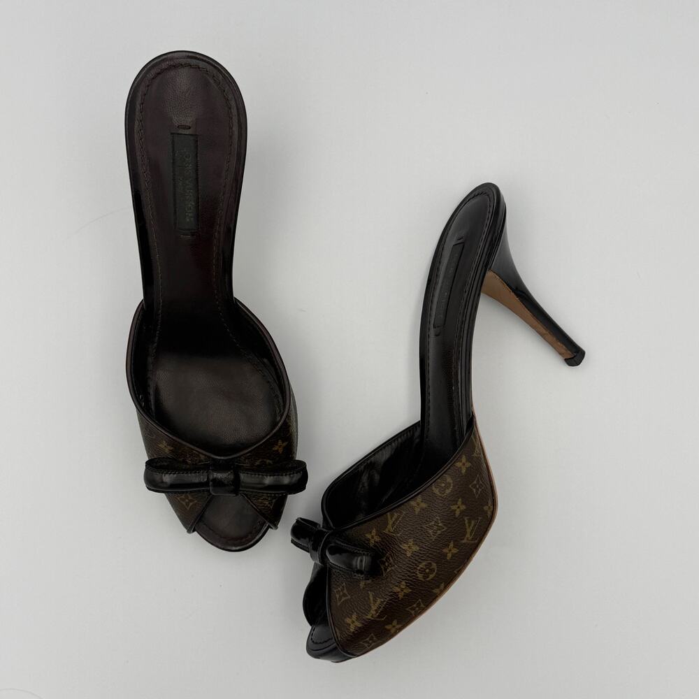 Vintage Louis Vuitton Monogram Canvas Malibu Slide Mule Heels with Bow Detail